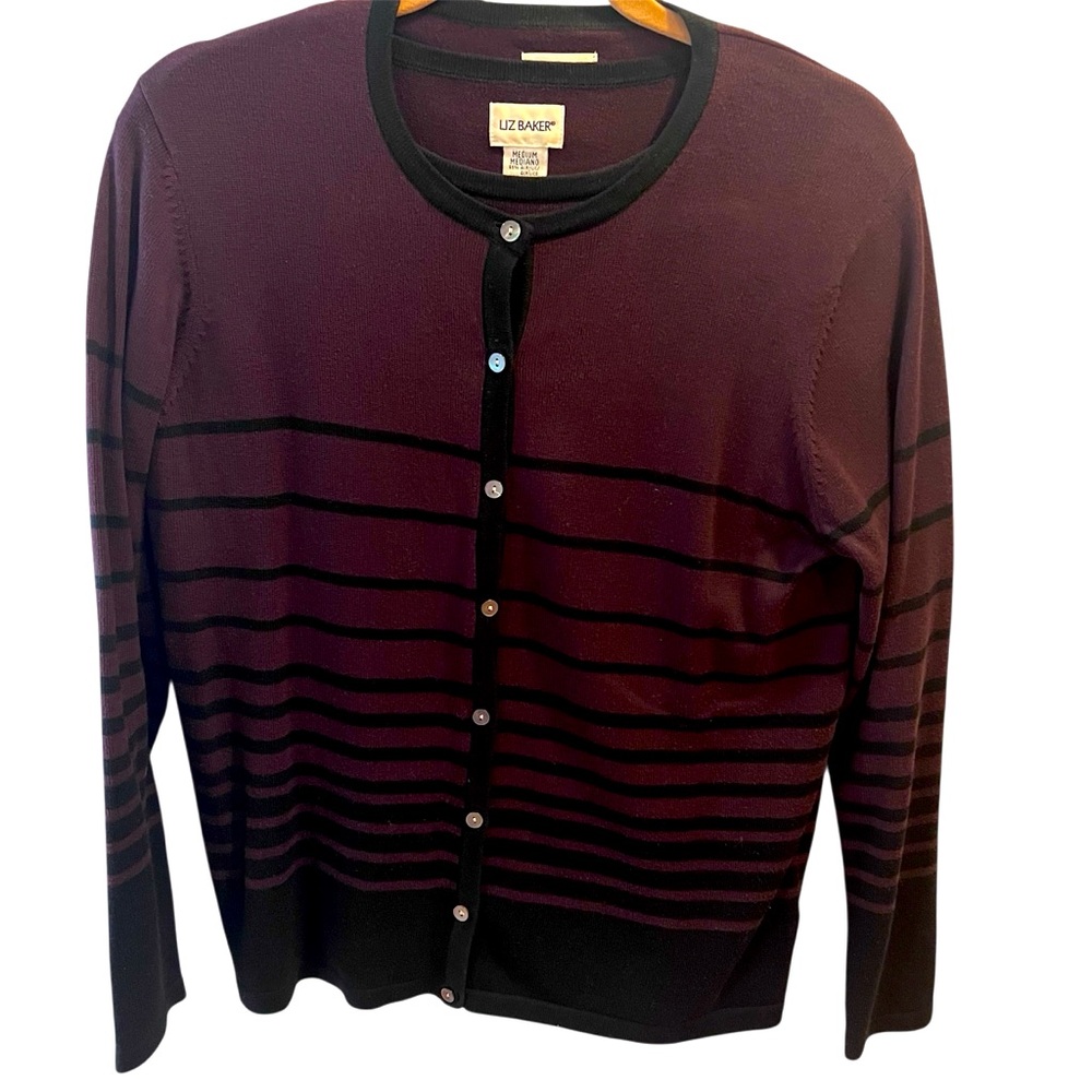Dark Maroon and Black Striped Short Sleeve and Cardigan Sweater Set by Liz Baker